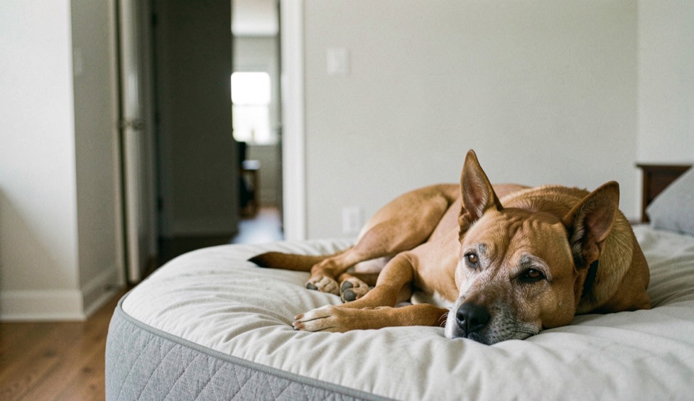 A calm adult dog with a warm brown coat rests on a woven rug beside an open folder and a water bowl