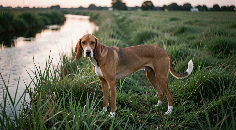 A black and tan hound stands in tall Delta grass beside a screened porch, a medical file resting on the step