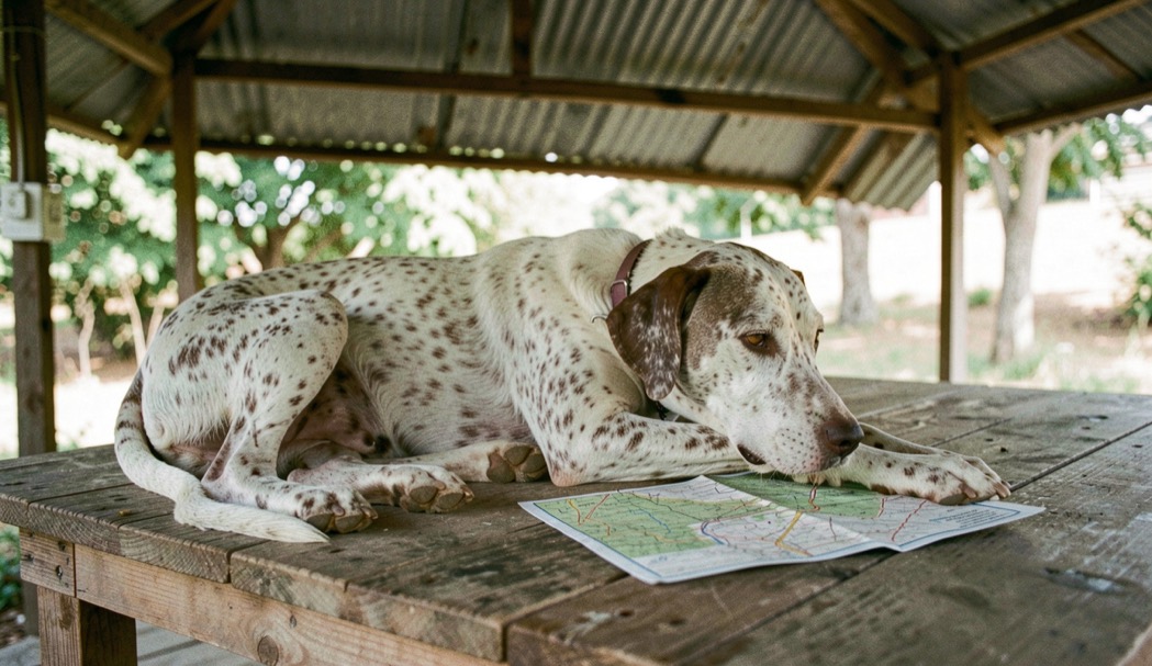 A liver and white pointer with a heavily freckled coat lies beside a folded county map on a plank table under a tin roof porch